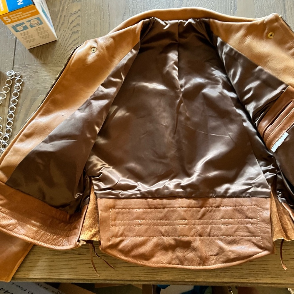 Source Unknown Tan Leather Bomber Jacket - image 9